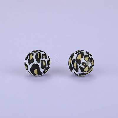 Printed Round with Leopard Print Pattern Silicone Focal Beads SI-JX0056A-05-1