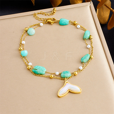 304 Stainless Steel & Plastic Pearl & Nuggets Natural Amazonite Double Layer Fish Tail Charm Anklets FS-WGF7C82-03-1
