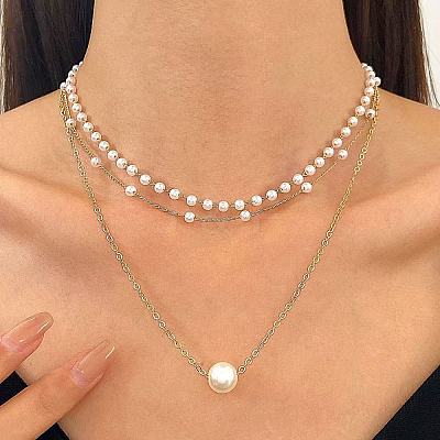 Alloy & White Imitation Pearl Link Chain 3 Layer Necklaces for Women FS-WGF6F41-02-1