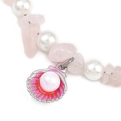 Alloy Enamel Shell Shape Charm White Round Shell Pearl & Natural Rose Quartz Chip Beaded Anklets AJEW-AN00734-01-1