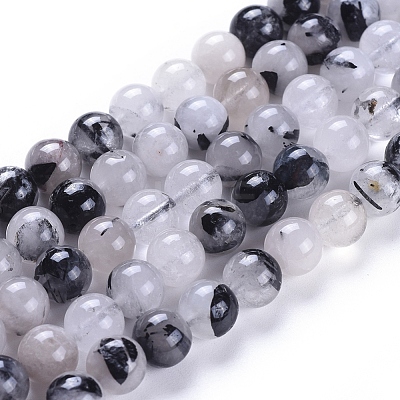 Natural Tourmalinated Quartz/Black Rutilated Quartz Beads Strands G-E558-04-8mm-1