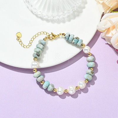 Natural Larimar Rondelle and Natural Cultured Freshwater Pearl Beaded Bracelets with Brass Round Beads BJEW-JB14417-1