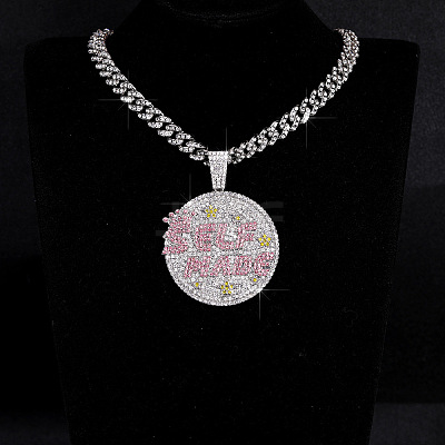Hip-Hop Alloy Full Crystal and Rose Rhinestone Self Made Medal Pendant Cuban Link Chain Necklaces for Men Women FS-WG8D003-01-1
