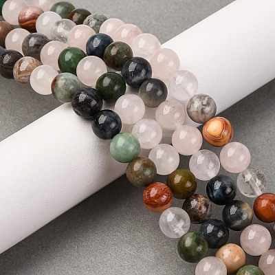 Natural Quartz Crystal & Rhodochrosite & Rose Quartz & Amethyst & Strawberry Quartz & Tourmalinated Quartz/Black Rutilated Quartz Beads Strands G-B143-A01-8mm-1