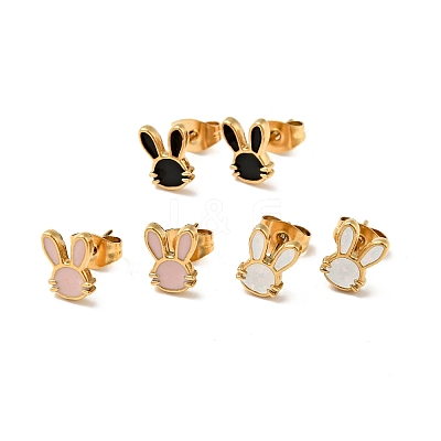 Ion Plating(IP) Enamel Rabbit Stud Earrings with 316 Surgical Stainless Steel Pins EJEW-A081-03G-1