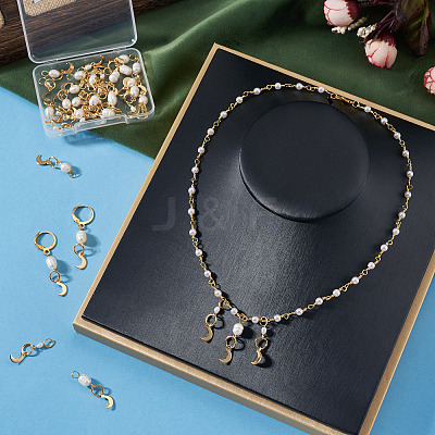 30Pcs 3 Styles Natural Cultured Freshwater Pearl & 201 Stainless Steel Moon Pendants PALLOY-TAC0317-1