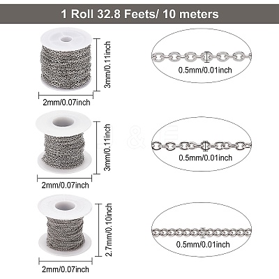 30m 3 Style 304 Stainless Steel Cable & Curb Chains for DIY Chain Necklace Making Kit CHS-BC0001-12-1