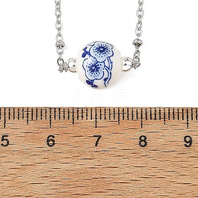 Handmade Flower Printed Porcelain Round Pendant 304 Stainless Steel Satellite Chain Necklaces for Women NJEW-JN06474-1
