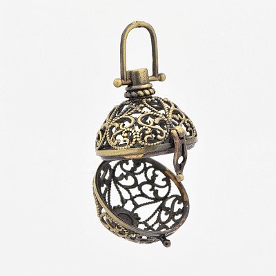 Vintage Filigree Round Brass Cage Pendants KK-D389-11AB-1