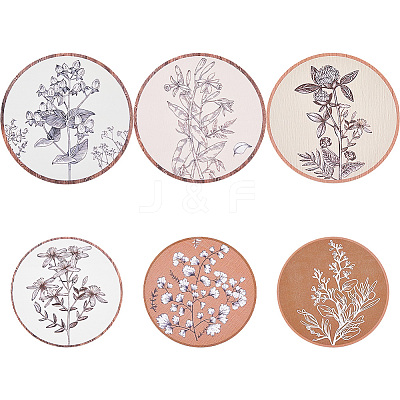 6Pcs Bohemian Theme Wooden Flat Eound with Flower Wall-mounted DIY-WH0899-480-1