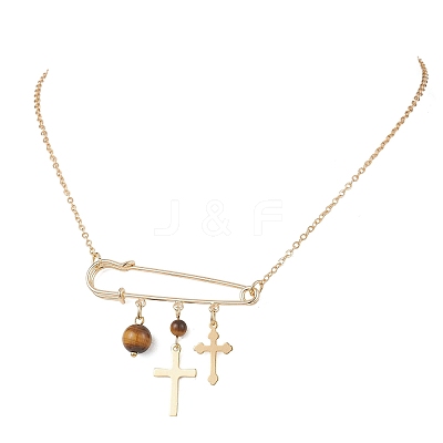 201 Stainless Steel Satety Pin with Round Natural Tiger Eye Pendant Brass Cable Chain Necklaces for Women NJEW-TA00214-1