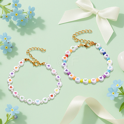 8Pcs 2 Colors Flat Round with Heart Acrylic Beads Bracelets for Women BJEW-HY0001-16-1