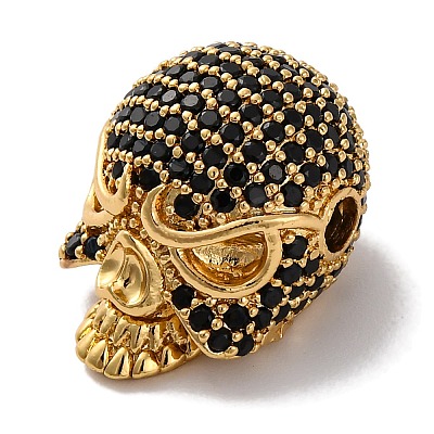 Skull Shape Rack Plating Brass with Cubic Zirconia Beads KK-S406-14G-1