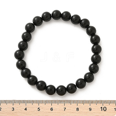 Natural Dyed & Heated Black Agate Round Beaded Stretch Bracelets BJEW-F203-09-1