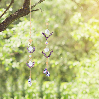 2Pcs 2 Style Teardrop K9 Glass & Natural Amethyst Chip Pendant Decorations HJEW-GO0001-04-1