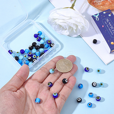 60Pcs 4 Colors Handmade Evil Eye Lampwork Round Beads LAMP-SC0001-81-1