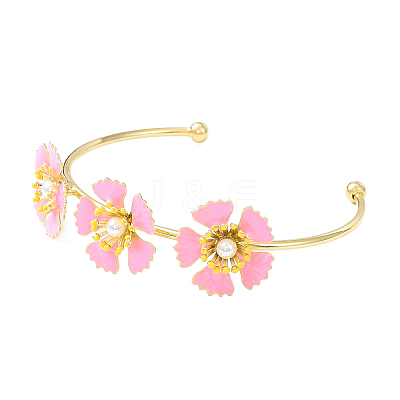 Alloy Flower with Imitation Pearl Beaded Open Cuff Bangle for Women BJEW-D054-02G-01-1