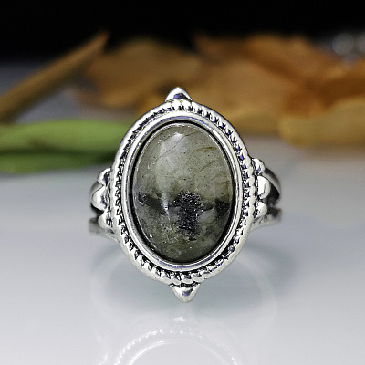Oval Zinc Alloy Natural Labradorite Finger Rings WG970F5-01-1