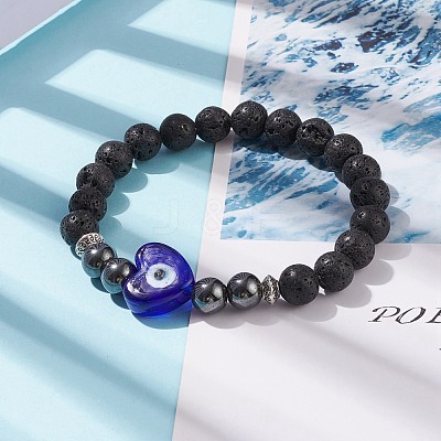 Natural Lava Rock & Synthetic Hematite Stretch Bracelet BJEW-JB08323-03-1