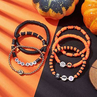 6Pcs 6 Styles Halloween Handmade Polymer Clay Beaded Stretch Bracelets Sets X1-BJEW-TA00490-1