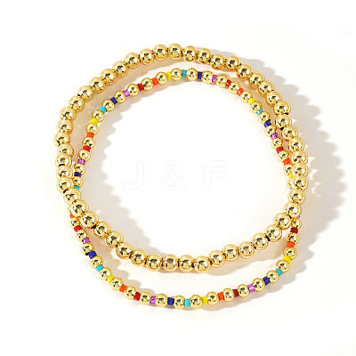 2Pcs Fashionable Brass & Seed Beads Beaded Stretch Bracelet Sets for Women ZD1327-4-1