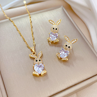 Brass Micro Pave Cubic Zirconia Pendant Necklace & Stud Earrings WG7AC39-14-1