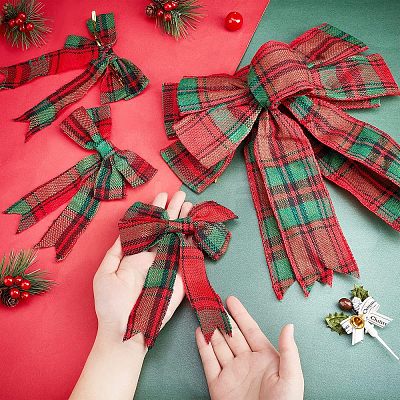 10Pcs 2 Style Christmas Theme Tartan Pattern Polyester Bowknot AJEW-CA0002-64-1