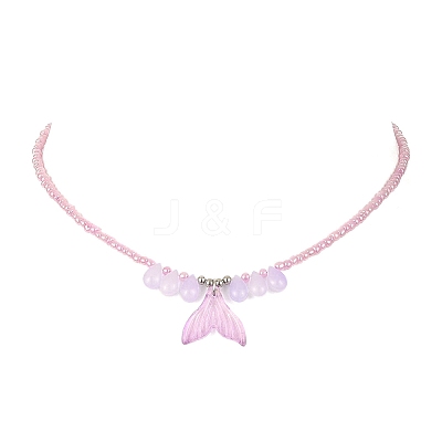 Glass Whale Tail Pendant Necklace with Beaded Chains NJEW-JN04351-1