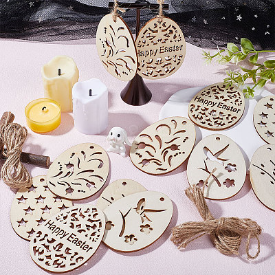 50Pcs 5 Style Easter Unfinished Wood Pendant Ornaments WOOD-GF0002-01-1