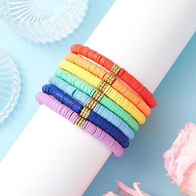 7Pcs 7 Colors Handmade Polymer Clay Heishi & Brass Bead Stretch Bracelets for Women BJEW-MZ00199-1