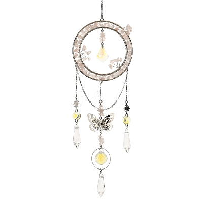 Natural Rose Quartz Chips & Metal Ring & Butterfly Suncatchers HJEW-TA00503-1