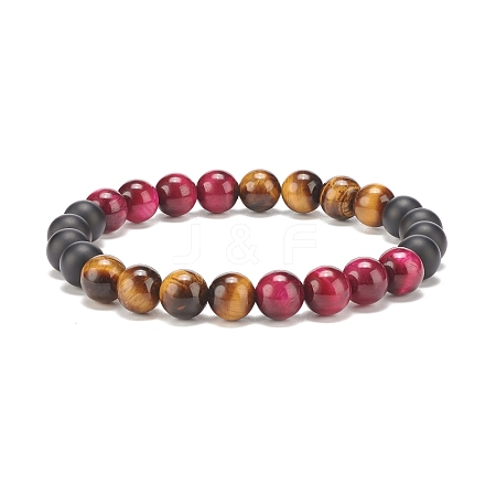 Natural Tiger Eye & Black Agate(Dyed & Heated) Round Beaded Stretch Bracelet BJEW-JB08086-03-1