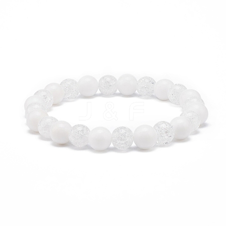 Natural White Jade & Synthetic Crackle Quartz Round Beaded Stretch Bracelet for Women BJEW-JB08528-03-1