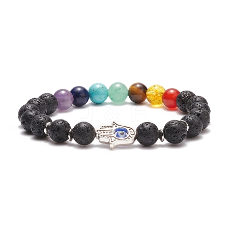 Natural & Synthetic Mixed Gemstone Stretch Bracelet with Alloy Hamsa Hand BJEW-TA00153-1