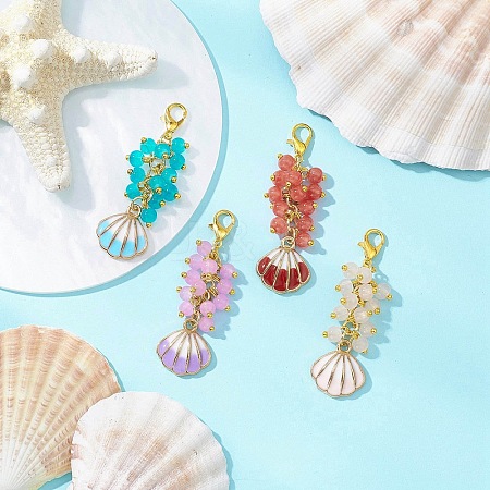 Shell Shape Alloy Enamel & Round Glass Bead Pendant Decorations HJEW-JM03248-1