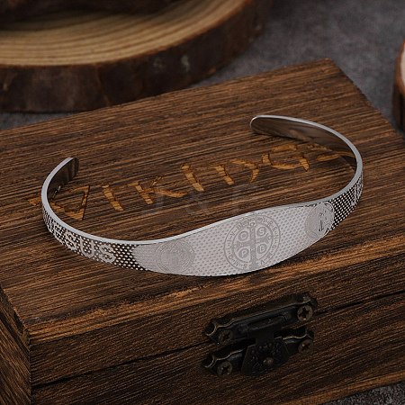 Religion Saint Benedict 201 Stainless Steel Cuff Bangles for Women BJEW-K301-01P-1