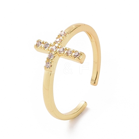 Clear Cubic Zirconia Cross Open Cuff Ring RJEW-G283-05G-1