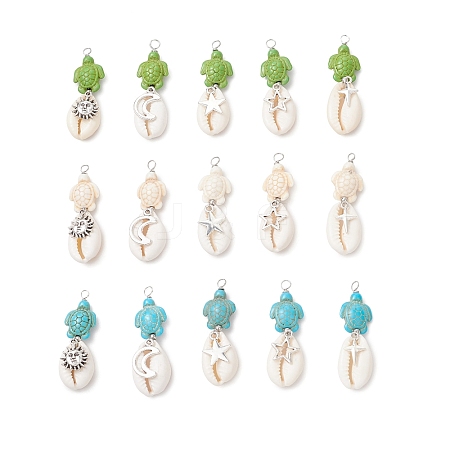 15Pcs 15 Styles Natural Cowrie Shell & Dyed Synthetic Turquoise Turtle Copper Wire Wrapped Pendants PALLOY-JF04034-1