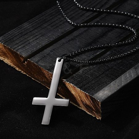 304 Stainless Steel Upside Down Cross Pendant Box Chain Necklaces NJEW-NH0001-07EB-1