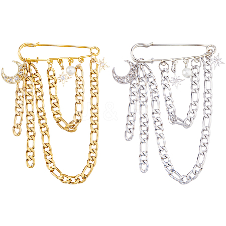 2Pcs 2 Styles Moon & Star Pendants Alloy Rhinestone Brooches JEWB-FH00035-1
