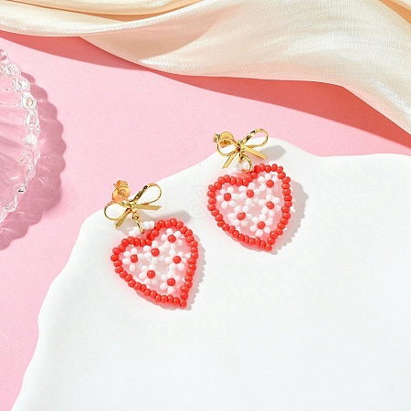 Heart Handmade Glass Seed Beads Dangle Stud Earrings EJEW-MZ00369-01-1