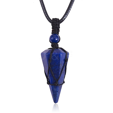 Natural Lapis Lazuli Cone Braided Pendant Necklace NJEW-SZ0001-59D-1