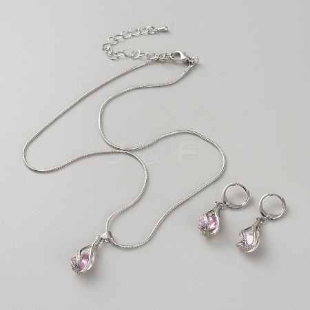 Teardrop Brass & Cubic Zirconia Pendant Necklaces & Hoop Earrings Jewelry Set for Women SJEW-WH0008-05P-01-1