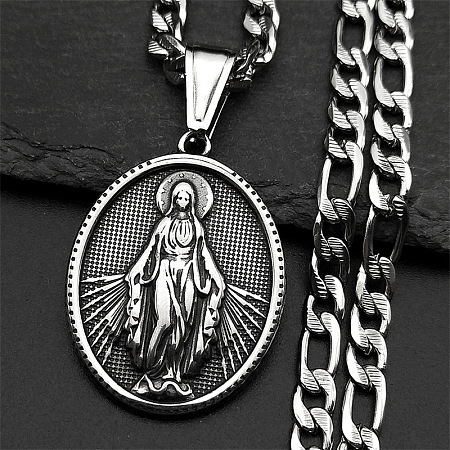 201 Stainless Steel Oval with Virgin Mary Pendant Figaro Chain Necklaces NJEW-C104-03-1
