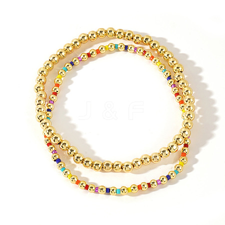 2Pcs Fashionable Brass & Seed Beads Beaded Stretch Bracelet Sets for Women ZD1327-4-1