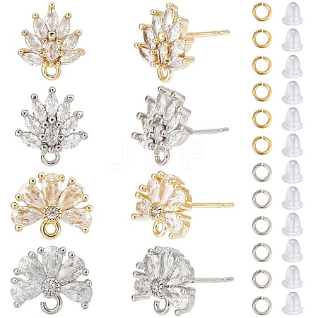 4 Pairs 4 Style Flower Brass Cubic Zirconia Stud Earring Findings KK-CN0003-18-1