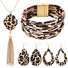 Leopard Print Teardrop Dangle Earrings & Multi-strand Bracelet & Tassel Pendant Necklace AJEW-AN0007-08-1