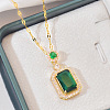 Brass Pave Green Glass Rectangle Pendant Dapped Chain Necklaces for Women WG8BDE4-02-1