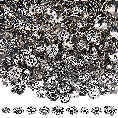 450Pcs 9 Styles Tibetan Style Alloy Bead Caps FIND-BM0001-31-1