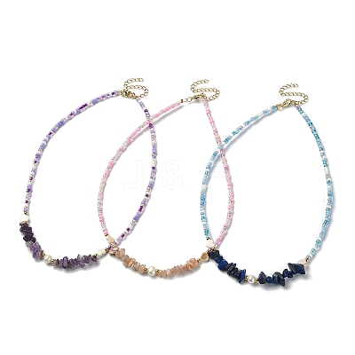 3Pcs 3 Style Dyed Natural Mixed Gemstone Chips & Shell Heart & Pearl Beaded Necklaces Set NJEW-JN04354-1